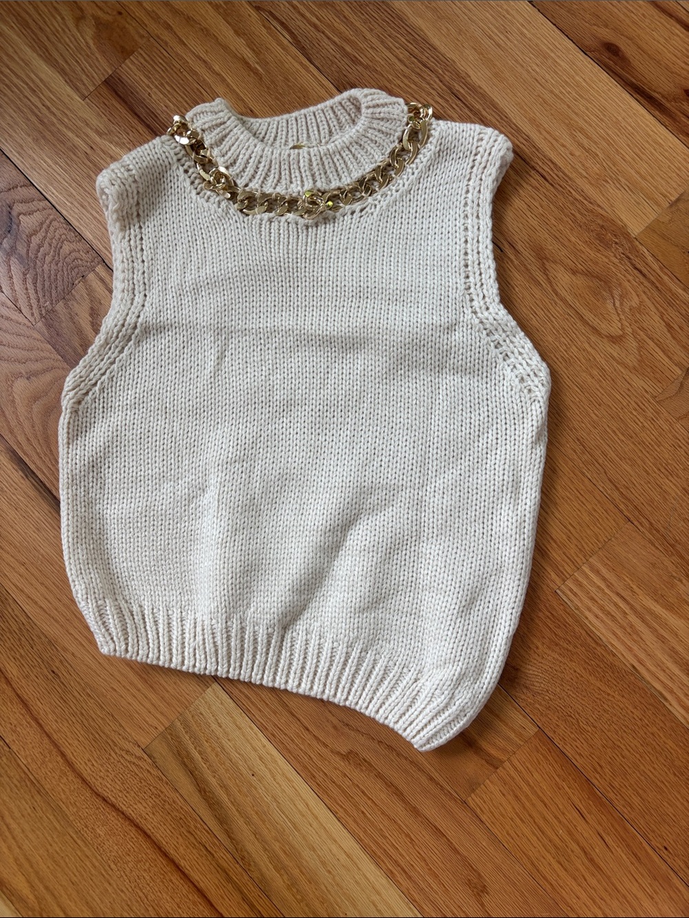New Asymmetrical knit gold chain sweater